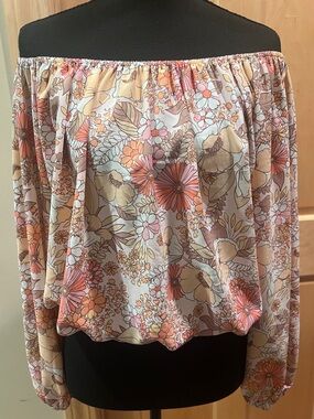 Willow & Root Vintage Inspired Floral Cropped Blouse Off-Shoulder Long Sleeve Lg
